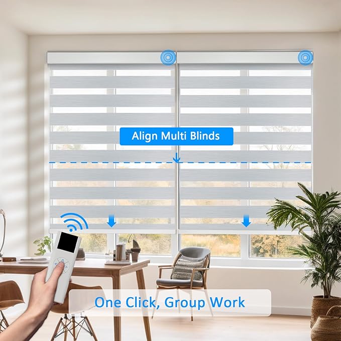 COOLWINDS Motorized Zebra Blinds for Windows Cordless Electric Curtains with Remote Control Blackout Shades Custom Smart Blinds Compatible with Alexa Google Home(95% Blackout Grey,W27 X 72in)