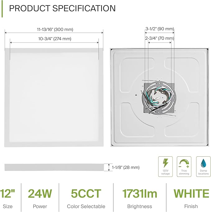 ASD LED 12" Square Flush Mount Ceiling Light Fixture, Low Profile Surface Lighting | 5CCT, Dimmable, Ultra-Thin, ETL Listed | 24W 1700LM 2700-6000K 120V | Kitchen, Bedroom, Hallway Lamp | White