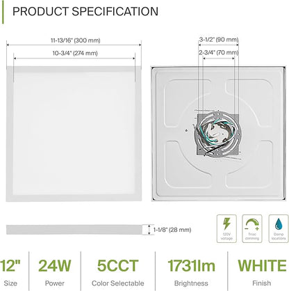 ASD LED 12" Square Flush Mount Ceiling Light Fixture, Low Profile Surface Lighting | 5CCT, Dimmable, Ultra-Thin, ETL Listed | 24W 1700LM 2700-6000K 120V | Kitchen, Bedroom Lamp | White, 12 Pack
