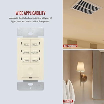ENERLITES 4-Hour Countdown Timer Switch, 5-10-30-60 Min, 2-4 Hour, for Bathroom Fans, Heaters, Lights, LED Indicator, 120VAC 800W, No Neutral Wire Required, UL Listed, HET06-J-LA, Light Almond