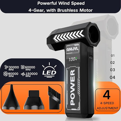 Electric Air Duster, 150000RPM Brushless Motor 4-Gear Adjustable Compressed Air Duster with LED Light,One-tap Booster with 8000mAh Rechargeable Battery, With storage bag for PC, Car, House, Outdoor