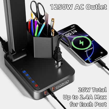LED Desk Lamp with 3 USB Charging Ports 1 AC Outlet Small Table Lamp for Home Office/Bedroom/Study/College/Dorm Room Essentials, Foldable Reading Light w/Pen Holders for Craft/Artist/Puzzle/Nail/Task