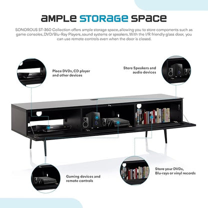SONOROUS ST-360 Premium TV Stand for Living Room – Modern TV Stands & Entertainment Center with Storage – Black Wood & White Glass Cover – Luxury Media Console with Metal Legs for TVs up to 75 inches