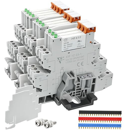 UL Listed 10Pcs Miniature Din Rail Relay 24V Black 24VDC ans 24VAC, 6Amp SPDT with LED Indicator, Socket Base, Jumper, Fixing Clip, Separator