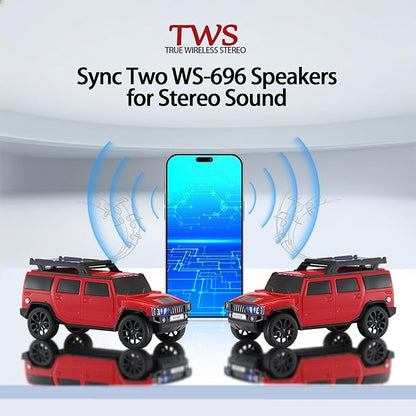 WSTER WS-696 Solar Bluetooth Replica Speaker – Portable Modern Off-Road Car Design with HD Sound, TWS, LED Party Light, USB/TF Playback, FM, Built-in Microphone, Surprise Gift(Red)