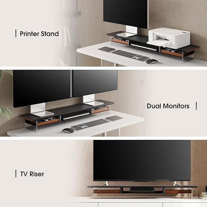 Fenge Dual Monitor Stand with Drawer, 42.5 Inch Large Monitor Riser with Acrylic Legs Supports, Computer Stand for Desk, 2 Tier Wood Desk Shelf with Storage Organizer for PC, Laptop, Printer, TV