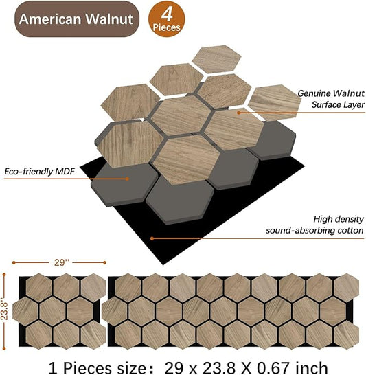 ARMURO Wall Paneling for Interior Wall - 4 PCS Hexagon Wall Panels - Hexagon Acoustic Panels - Natural Walnut Wood Veneer Sound Proof Panels for Walls, Wood Slat Wall Panel 23.8" W x 29" L