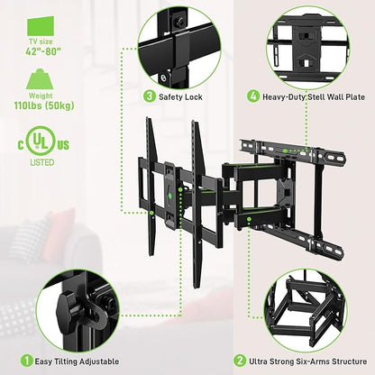 USX Mount UL Listed TV Wall Mount for 42"-85" TVS, Fits 16" 18" or 24" Studs, Full Motion TV Mount Swivel Tilt Extension TV Bracket with Dual Articulating Arms, Max VESA 600x400mm, Load 110lbs
