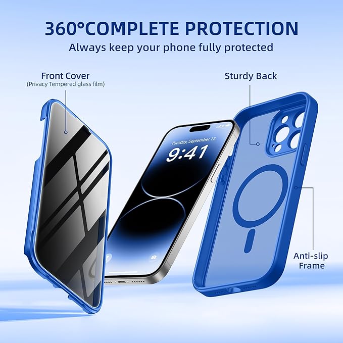 BERFY Magnetic for iPhone 14 Pro Max Case, Compatible with MagSafe, Built-in Privacy Screen Protector and Upgraded Camera Protection, Anti-Spy Full Body Shockproof Phone Case for 14 Pro Max,Klein Blue