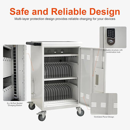 Aokleo Laptop Charging Cart,32 Devices Tablet Storage Carts for pad Up to 16.3" Screen, Classroom Computer Mobile Charging Station for Pads, Chromebooks,Laptops, Updated Password Lock(32 Bay-White)