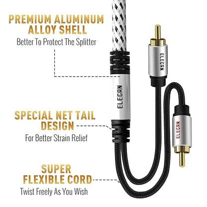Elecan Premium RCA Cable 4 Ft (Hi-Fi Sound-16 AWG-Shielded) 2 RCA Male to 2 RCA Male Stereo Audio Cable, Gold Plated-Aluminum Alloy Shell-Pure Copper-Braided RCA Cord for Home Theater Speakers + Ties