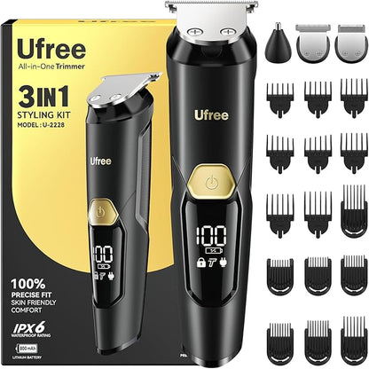 Ufree 3-in-1 Beard Trimmer Kit, Men's Electric Razor Shaver for Mustache, Professional Hair Trimmer, Type-C Rechargeable Clippers, Waterproof Body Grooming, Birthday Valentines Gifts for Him