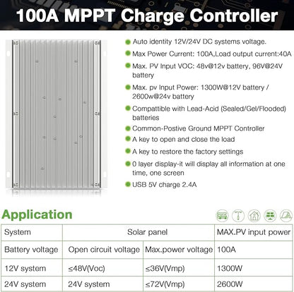 OOYCYOO MPPT Charge Controller 100 amp 12V/24V Auto, 100A Solar Panel Charge Regulator with Blacklight LCD Display Max 100V for Lead-Acid Sealed Gel AGM Flooded Lithium Battery