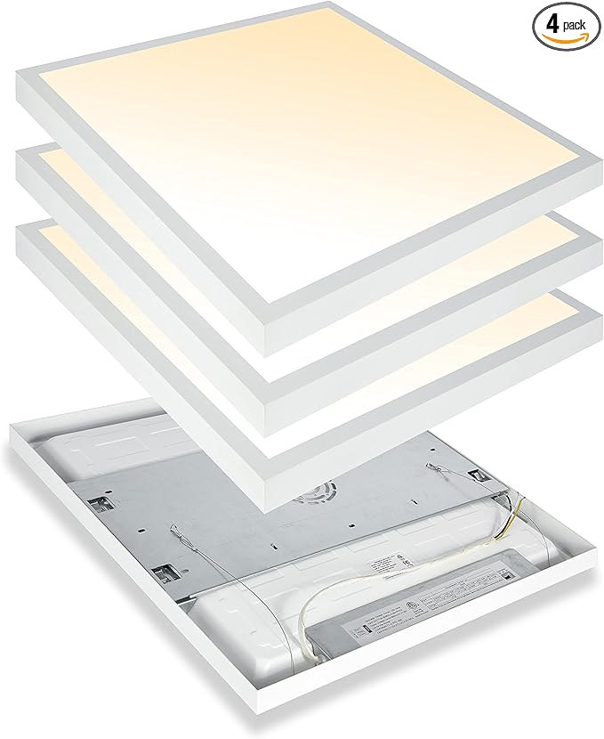 Mcacggo 2x2 FT LED Flat Panel Light Surface Mount Dimmable & 3000K/4000K/5000K in one - 40W 24x24 inch Backlit Flush Mount Ceiling Fixture, Bright 4400LM, 100-277V, ETL Listed, 4-Pack