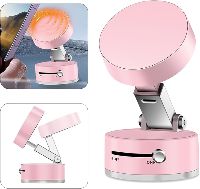 Foldable Vacuum Magnetic Suction Phone Holder,Retractable Magnetic Car Holder,Hands-Free Portable Multifunctional Vacuum Suction Phone Mount for Car, Mirror, Gym, Kitchen (Pink)