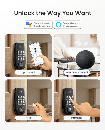 DESLOC C100 Plus Built-in WiFi Smart Lock, Keyless Entry Door Lock with Display, Keypad Deadbolt for Front Door, App Remote Control, Anti-Peeping Password, BHMA Grade 3, Black