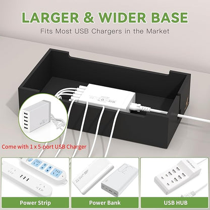 Pezin & Hulin Cable Management Box, Docking Station for Multi Devices, with 5 Ports Charge Adapter and 6 Cables, Wire Organizer for Cords, Box to Hide Cords and Storage Power Strip -Natural + Black