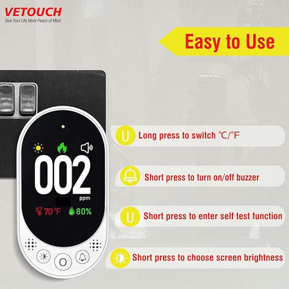 VETOUCH Plug-in Carbon Monoxide Detector with Digital Color Display CO Detector for CO, Temperature & Humidity, 85dB Loud Alert, Self Test Function vetouch CO Detector, for Home, Bedroom, Kitchen, RV