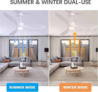 revoici 52 Inch White Ceiling Fan with Lights and Remote, Retro White Wood Low Profile Flush Mount Modern Ceiling Fan for Indoor Farmhouse Bedroom Living Room Outdoor Patio Porch, Reversible DC Motor