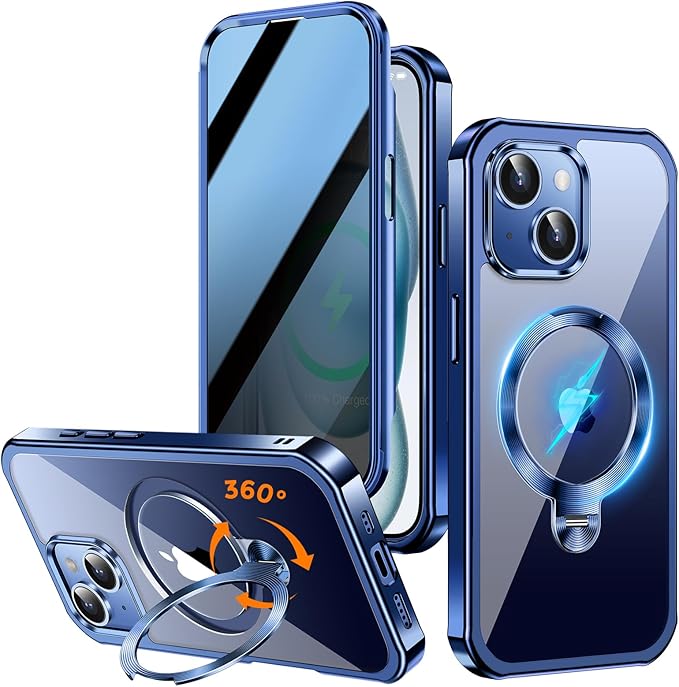 [360° Rotatable CD Stand & Built-in Privacy Screen Magnetic Case for iPhone 15 [Compatible with MagSafe & Full Signal] Mil-Grade Shockproof Full Body Anti-Spy Cover for 15-Blue