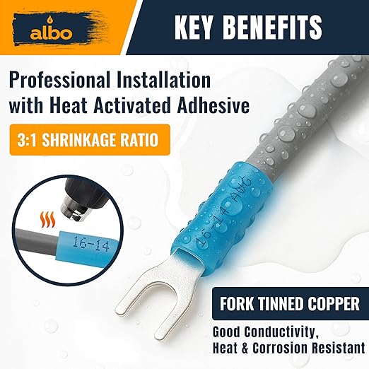 ALBO 350PCS Heat Shrink Fork Spade Connectors Kit #10 – 22-10 AWG Tinned Copper Terminals, Waterproof Wire Terminal Connector Assortment for Automotive, Marine, Speaker & Electrical Wiring
