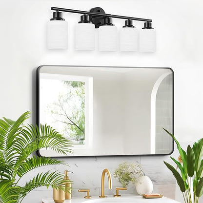 Guliaofo 5-Light Bathroom Light Fixtures, E26 Base Vanity Lights for Mirror with Textured Milky White Glass Shade, Modern Kitchen Light Fixtures Wall Sconce Light - Black