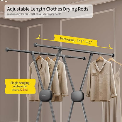 BIREN Clothes Drying Rack Heavy Duty Clothing Racks Foldable Laundry Rack Two Drying Modes Garment Racks for Drying Clothes, Adjustable Length from 32-55 Inches for Indoor Outdoor Use