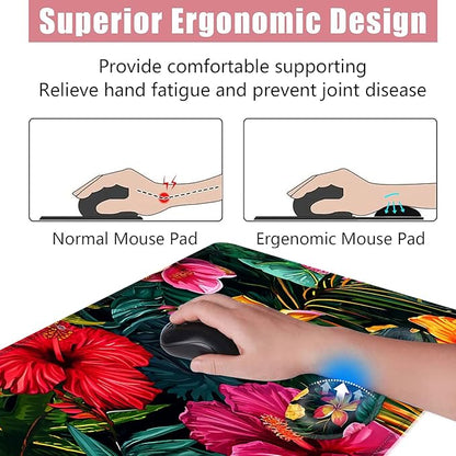 BFUKVOU Large Keyboard Mouse Pad Set, Extended Mouse Pad+Keyboard Wrist Rest Support, Memory Foam Ergonomic Easy Typing, 4Pcs (31.5×11.8 in) Desk Pad Set for Office Home,Vibrant Tropical Flower