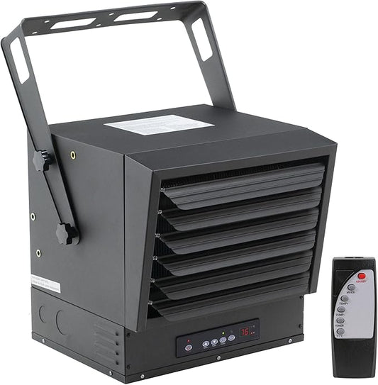 Comfort Zone 10,000W Hard-Wired Garage Heater – Industrial & Commercial Ceiling Mount, 240V Fan-Forced Heater with Remote, Digital Thermostat, Timer, 2 Heat Settings, Overheat Protection, Black