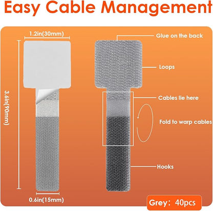 Cable Management Under Desk Cord Organizer, Cable Organizers for Cords, Hook and Loop Cable Ties, Adhesive Wire Straps, Reusable Cord Holder for Electronics & PC, Home & Office Essentials (40)