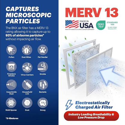 BNX TruFilter 16x25x2 Air Filter MERV 13 (4-Pack) - MADE IN USA - Electrostatic Pleated Air Conditioner HVAC AC Furnace Filters for Allergies, Pollen, Mold, Bacteria, Smoke, Allergen, MPR 1900 FPR 10
