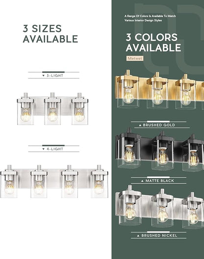 METWET Bathroom Light Fixtures, 3-Light Vanity Light with Square Clear Glass Shade, Brushed Nickel Modern Wall Sconces, Vanity Lighting Fixtures Over Mirror, VL194-BN-3