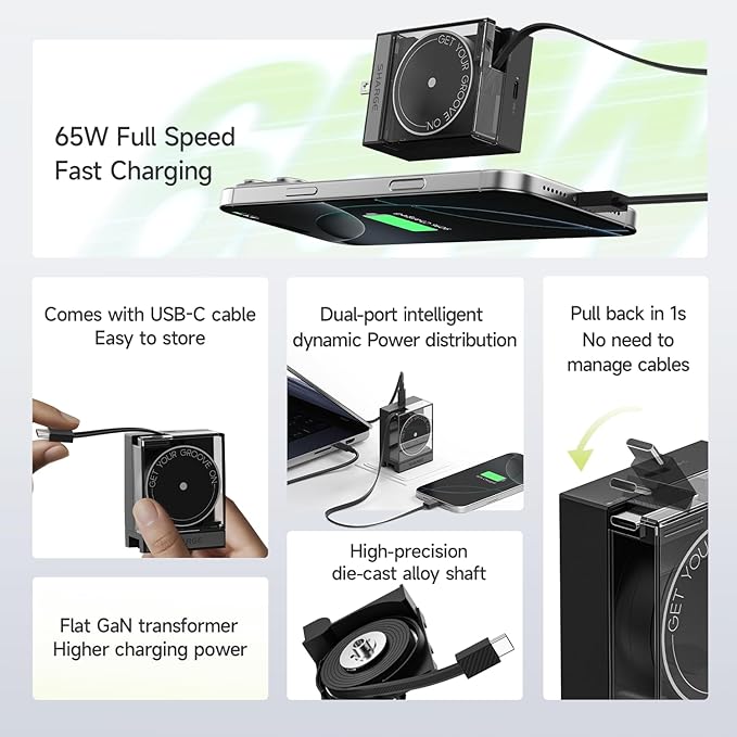 Retractable 65W USB C Charger, GaN Power Wall Charger with Retractable Cable, 2 Devices PD Fast Charging for MacBook Pro/Air, iPhone 16,Pixel Book, iPad Pro Black