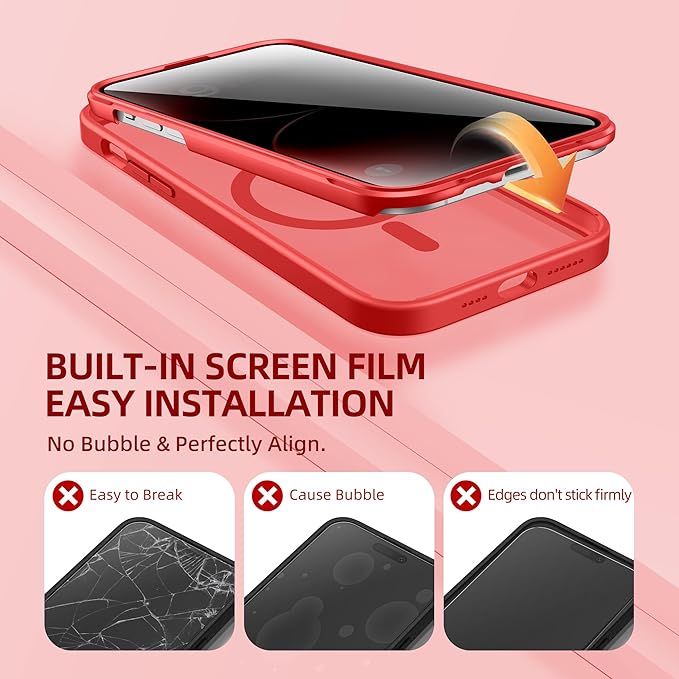 BERFY Magnetic for iPhone 14 Pro Max Case, Compatible with MagSafe, Built-in Privacy Screen Protector and Upgraded Camera Protection, Anti-Spy Full Body Shockproof Phone Case for 14 Pro Max 6.7", Red