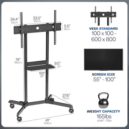 VIVO Mobile TV Cart for 55 to 100 inch Screens up to 165 lbs, LCD LED OLED 4K Smart Flat and Curved Panels, Rolling Stand with Laptop DVD Shelf, Locking Wheels, Max VESA 800x600, Black, STAND-TV100E