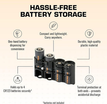 Storacell Slimline CR123 Battery Storage Caddy, Black, Holds 4 Batteries (Not Included)