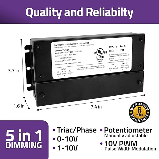 HitLights 200W Dimmable LED Driver, Electronic Transformer, 120V AC to 24V DC Power Supply for LED Strip Light, IP66 Rated, Dimming with TRIAC, 0-10V, 1-10V, Potentiometer, 10V PWM, UL Listed, Class 2