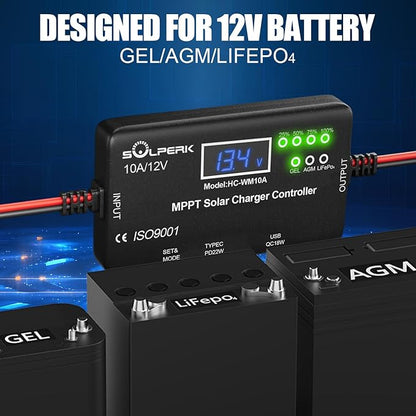 SOLPERK MPPT 10A 12V Solar Charge Controller with LCD Display, Solar Panel Charge Controller with Type-C and USB Output for Solar Panel Regulator Gel AGM Lead-Acid Lithium LiFePO4 Battery
