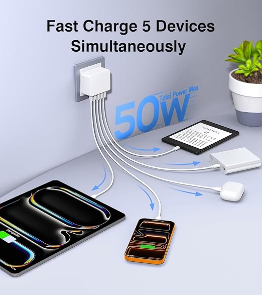 USB C Charger Block Thin Flat 50W 5-Port Wall Charger 2-Pack Type C Fast Charger Cube, PD&QC Wall Plug Power Adapter Compatible for iPhone 14/15/16/17, iPad, Airpods, iwatch, Samsung
