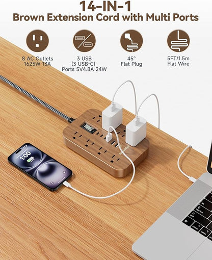 Walnut Power Strip with USB Ports - 5 FT Wood Power Strip, 1625W Decorative Extension Cord with 6 AC Outlet 3 USB, for Brown Tan Wood Walnut Grain Aesthetic Vintage Rustic Desk Accessories Decor