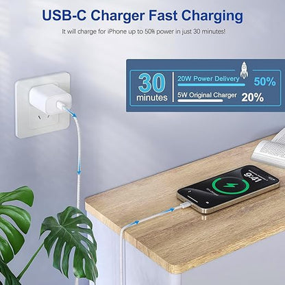 iPhone 16 15 Chargers,2Pack USB C Wall Charger Block Charger Fast Charging with 10FT USBC to C Woven Cable for iPhone 16/16e/16 Pro/16 Pro Max/16 Plus/iPhone 15/15 Pro/15 Pro Max,iPad Pro/Air/Mini