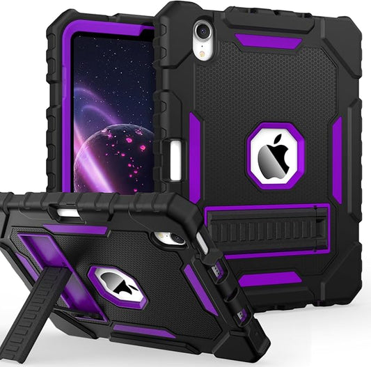 Grifobes Case for iPad Mini 7 (A17 Pro) 2024 / Mini 6 2021 8.3 inch, Heavy Duty Shockproof Rugged Cover with Pencil Holder Stand, for I Pad Mini 7th/6th Gen 8.3" for Kids Girl (Black+Purple)