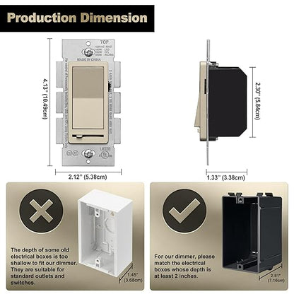 BESTTEN 5 Pack Matte Champagne Gold Dimmer Light Switch, Single Pole or 3-Way, Compatible with Dimmable LED, CFL, Incandescent and Halogen Bulb, 120VAC, Signature Collection, UL Listed