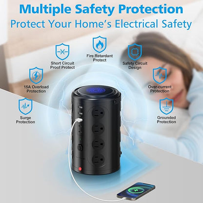 Tower Surge Protector Power Strip (16 AC Outlets + 5 USB Ports Including 2 Type-C), 5FT Extension Cord, 1800J Protector Charging Tower, Essential for Home/Office/Dorm