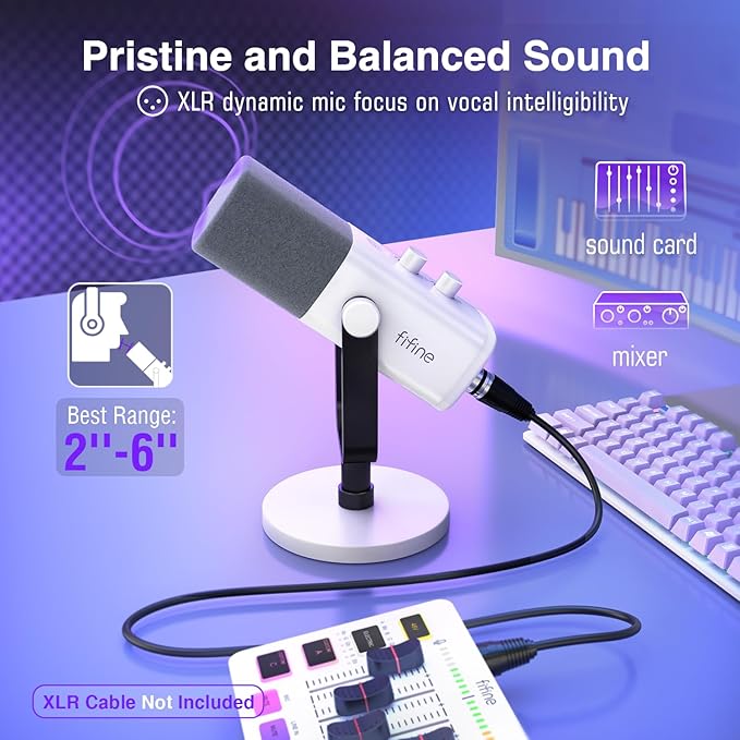 FIFINE XLR/USB Gaming Microphone for Streaming Podcasting, PC Computer RGB Mic, with Gain Knob, Mute Button, Monitoring Jack, Gamer Mic for Recording Video Creation-AmpliGame AM8 White