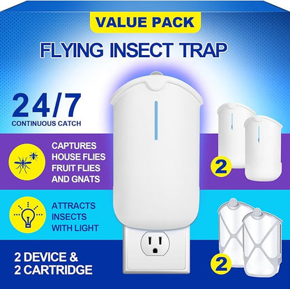 2 Flying Insect Traps & 2 Cartridges - Compatible with M364A Refill - Plug in Fruit Fly Trap for Indoor - Bug Catcher for Gnats, House & Fruit Flies - Use in Any Room (2 Device & 2 Cartridges)