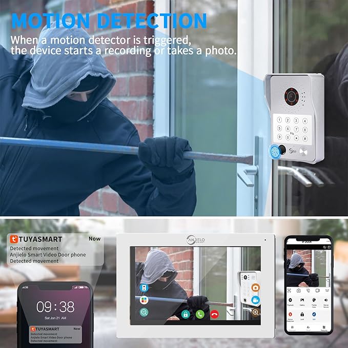 Wired Video Door Phone Apartment Intercom System,7 Inch Touch Monitor with 1080P HD Camera Doorbell,Supporting 5 in 1 Unlocking,Minitoring Motion Detecting for Home Villa,Tuya (1 doorbell + 4 monitor)