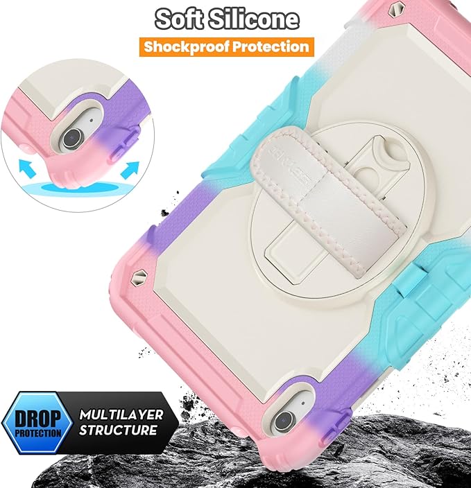 SEYMAC Case for iPad (A16) 11th/10th Generation 2025/2022 (11″/10.9″), Sturdy Heavy Duty Full-Body Shockproof Protective Case with Screen Protector, Rotating Stand, Hand/Shoulder Strap, Colorful/Pink