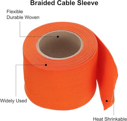 MECCANIXITY Braided Cable Sleeves Heat Shrinkable Fabric Sleeving, 2" 16ft Orange 2:1 Ratio Heat Shrinkable Cord Protector for Harness Cable, Network Cable Protection, Cable Management