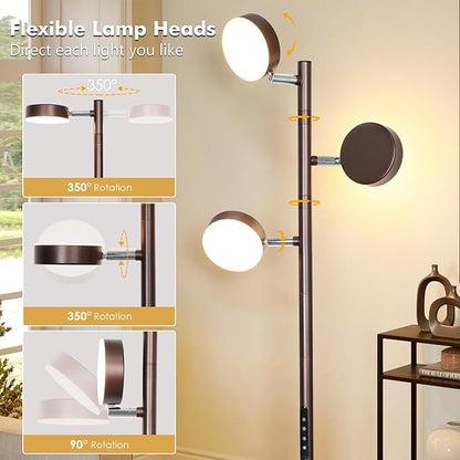 Benaep Tree Floor Lamp for Living Room - Modern Brown Standing Lamp, LED Floor Light with Remote & Touch, 3000K-6000K Dimmable for Bedroom Office Reading (3 Head)